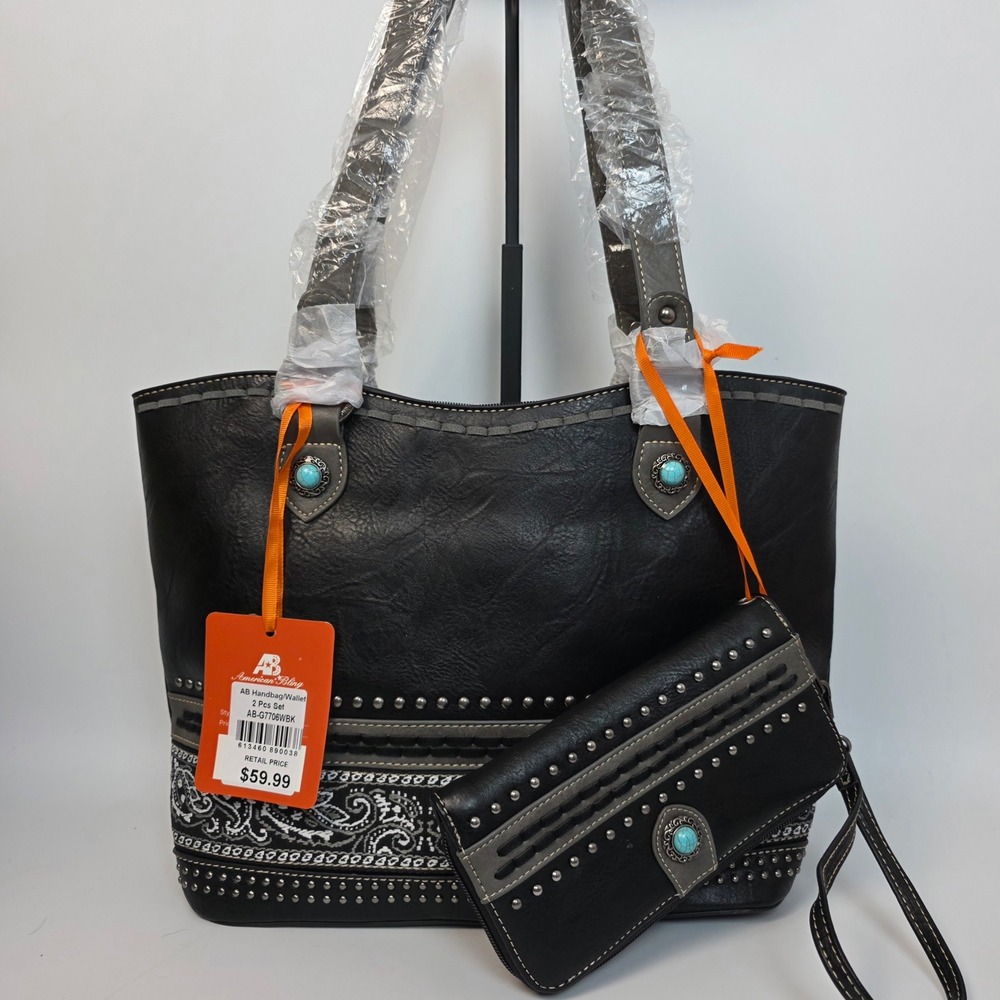 American Bling Black Western Paisley Handbag and Wallet 2-Piece Set AB-G7706WBK - Picture 2 of 13
